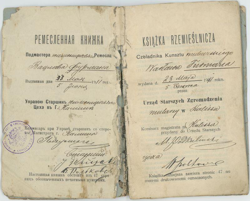 Książka Rzemieślnicza Czeladnika Kunsztu mularskiego na nazwisko Wacław Furmana