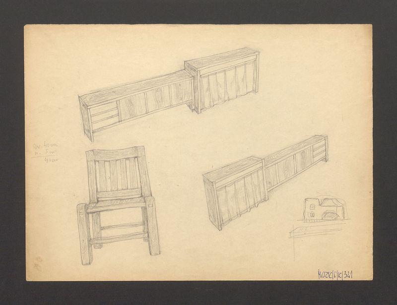 Szkic sylwetek kobiecych (?); projekty mebli