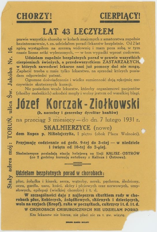 Ulotka dotycząca porad bezpłatnych lekarza Józefa Korczaka-Ziółkowskiego