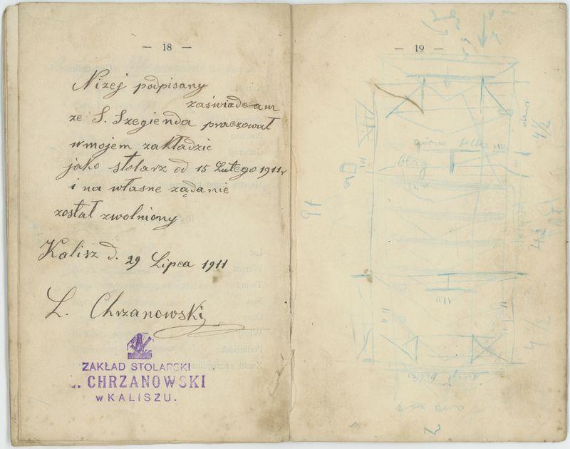Książka rzemieślnicza czeladnika kunsztu stolarskiego na nazwisko Stefana Szegiendy