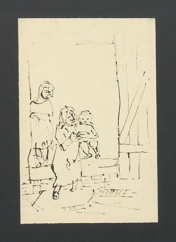 Kobiety z dzieckiem; mężczyzna z młotkiem