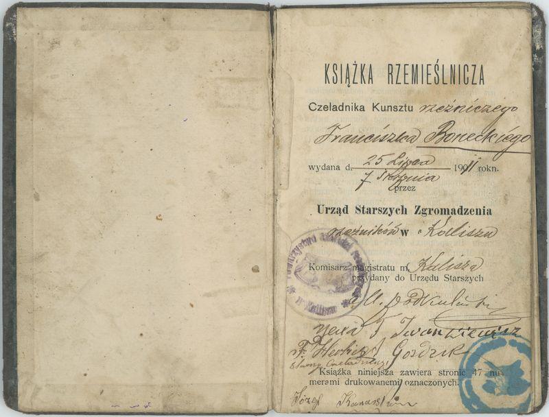 Książka rzemieślnicza czeladnika kunsztu rzeźniczego na nazwisko Franciszka Boneckiego