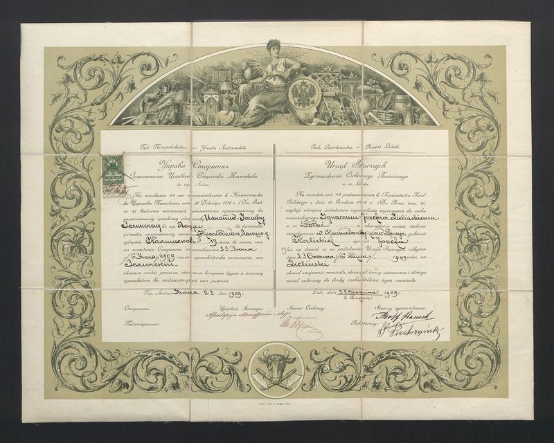 Świadectwo wyzwolenia Zgromadzenia Cechowego Rzeźniczego nadany Ignacemu Józefowi Zielińskiemu