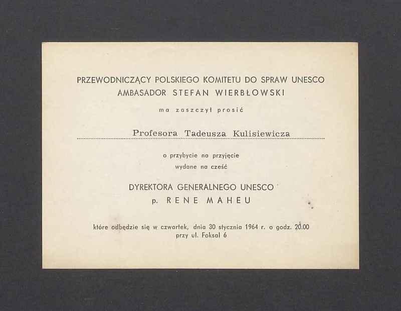 Zaproszenie na przyjęcie od Przewodniczącego Polskiego Komitetu do spraw UNESCO
