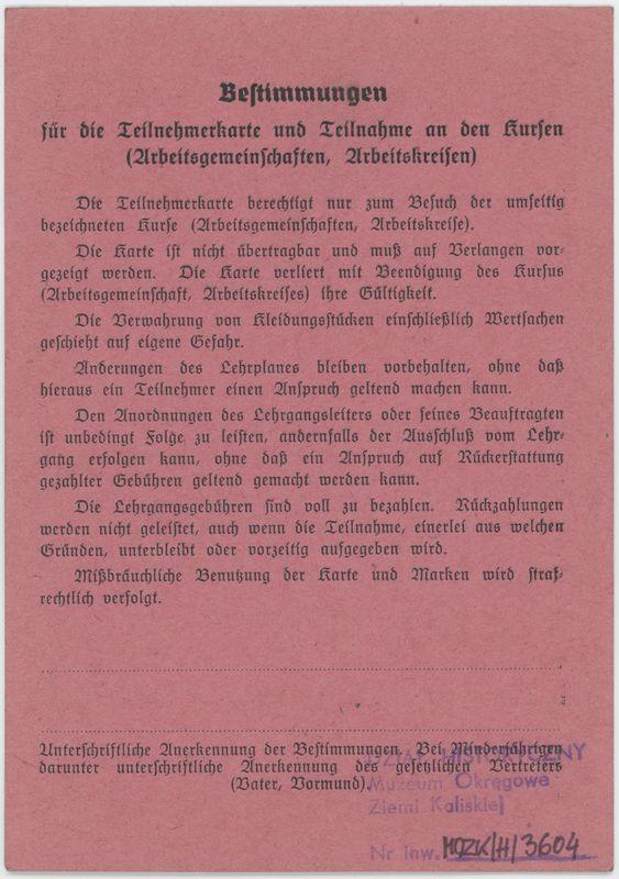 Karta uczestnictwa Kazimierza Głębowskiego w kursie języka niemieckiego 