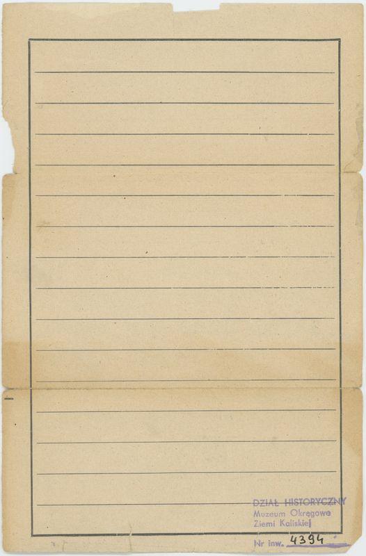 List z obozu koncentracyjnego Dachau przesłany przez więźnia Feliksa Solarskiego do Walentego Solarskiego 