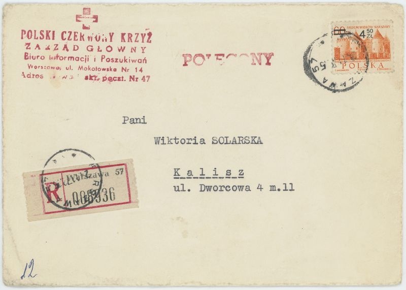 List PCK Zarząd Główny - Biuro Informacji i Poszukiwań w Warszawie do Wiktorii Solarskiej z Kalisza 