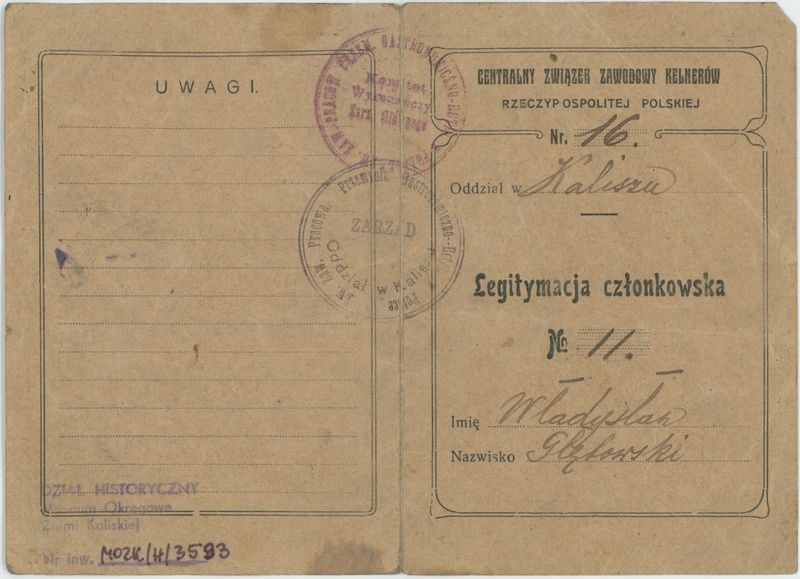 Legitymacja członkowska Centralnego Związku Zawodowego Kelnerów Rzeczypospolitej Polskiej w Kaliszu 