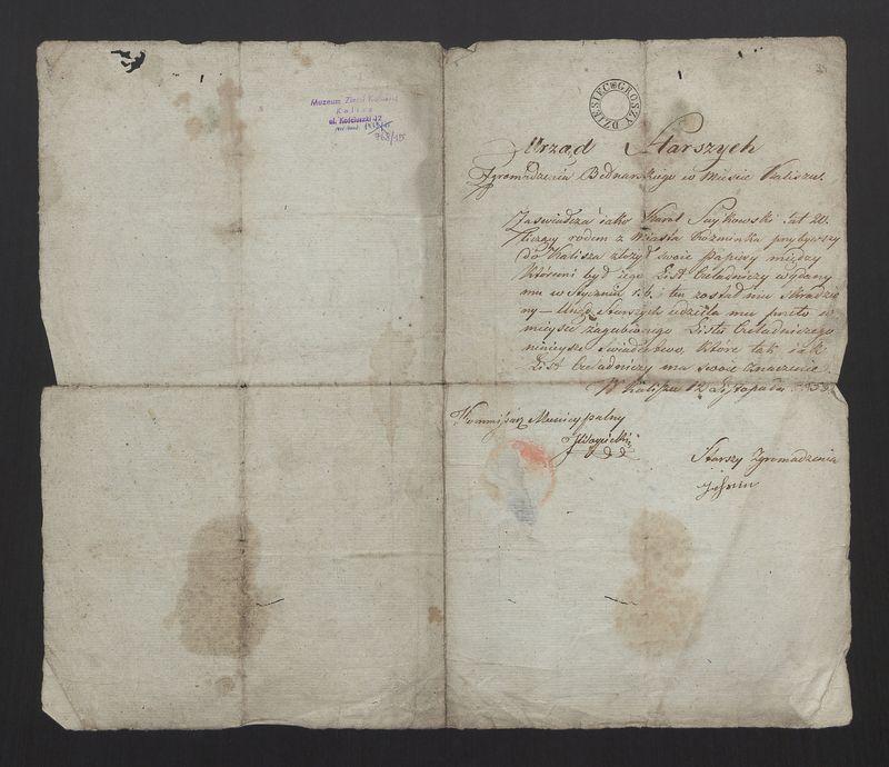 Zastępczy list czeladniczy wydany przez Urząd Starszych Zgromadzenia Bednarskiego w Mieście Kaliszu