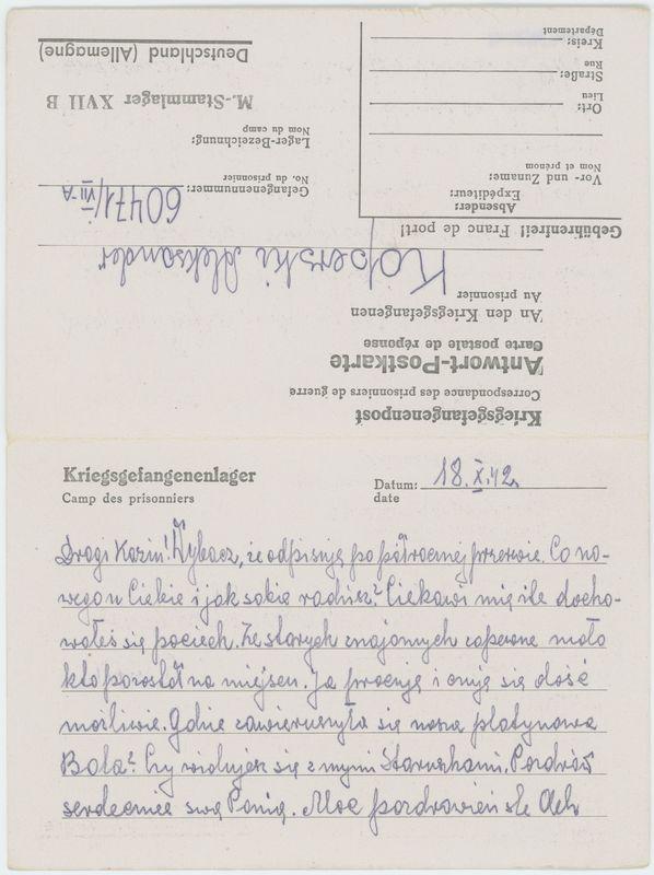 Karta przesyłki poczty jenieckiej adresowana do Kazimierza Głębowskiego 