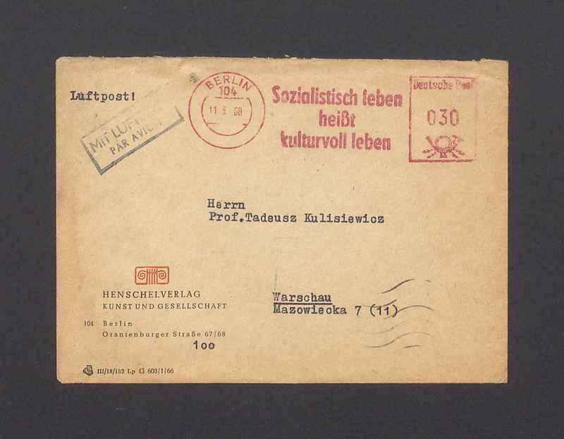 Koperta, adr. Herrn Prof. Tadeusz Kulisiewicz