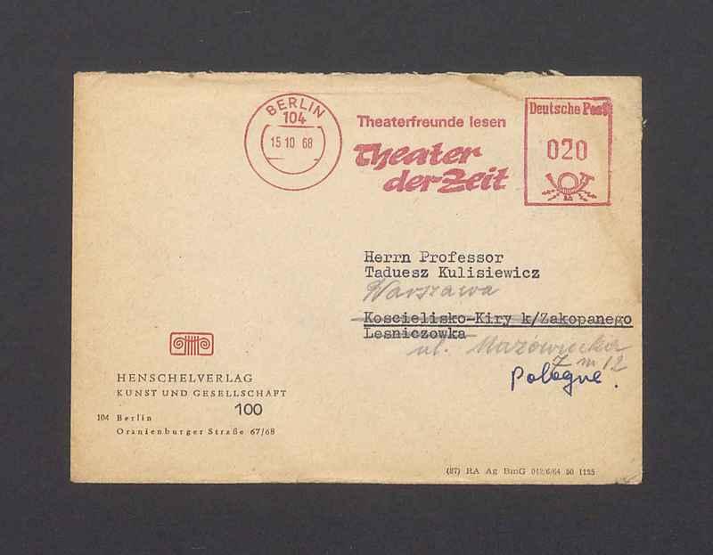 Koperta, adr. Herrn Professor Tadeusz Kulisiewicz