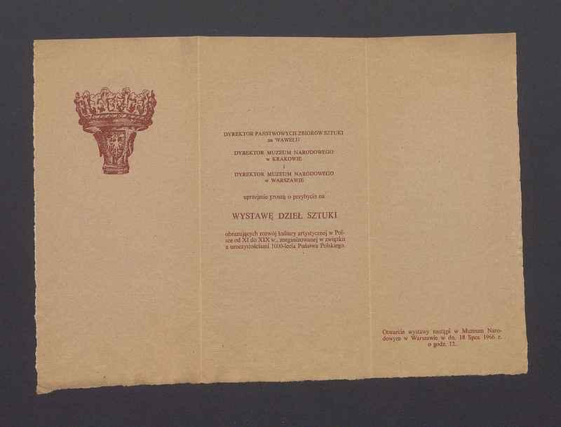 Zaproszenie na wystawę dzieł sztuki obrazujących rozwój kultury artystycznej w Polsce od XI do XIX w.