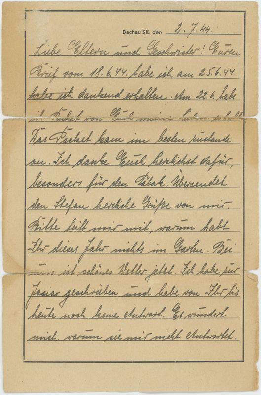 List z obozu koncentracyjnego Dachau przesłany przez więźnia Feliksa Solarskiego do Walentego Solarskiego 