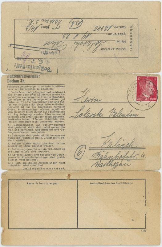 List z obozu koncentracyjnego Dachau przesłany przez więźnia Feliksa Solarskiego do Walentego Solarskiego 