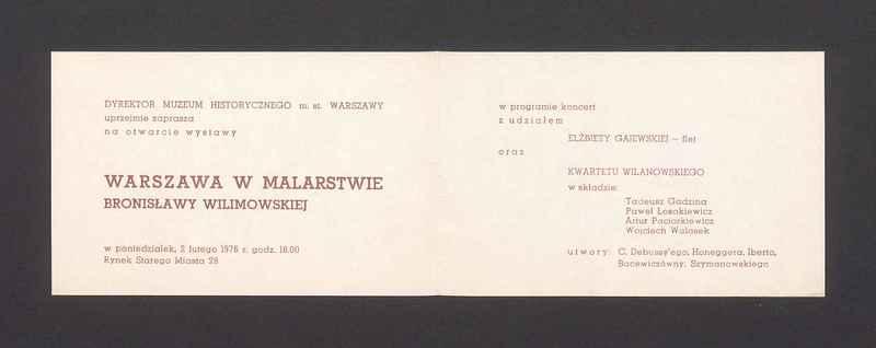 Zaproszenie na otwarcie wystawy "Warszawa w malarstwie Bronisławy Wilimowskiej"