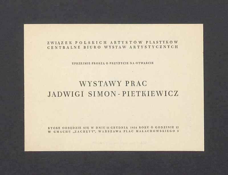 Zaproszenie na otwarcie wystawy prac Jadwigi Simon-Pietkiewicz