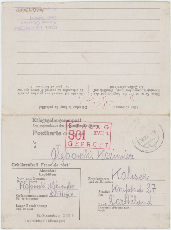 Karta przesyłki poczty jenieckiej adresowana do Kazimierza Głębowskiego 