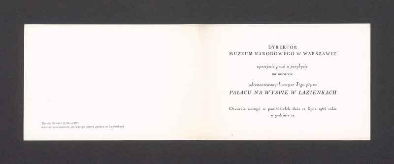 Zaproszenie na otwarcie odrestaurowanych wnętrz I-go piętra Pałacu na Wyspie w Łazienkach