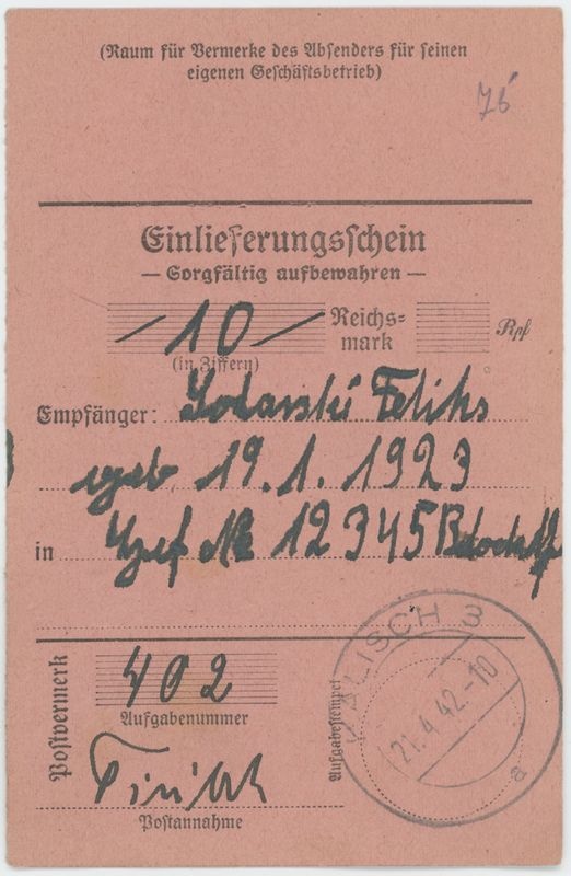 Pokwitowanie pocztowe - przekaz pieniężny Feliksa Solarskiego 