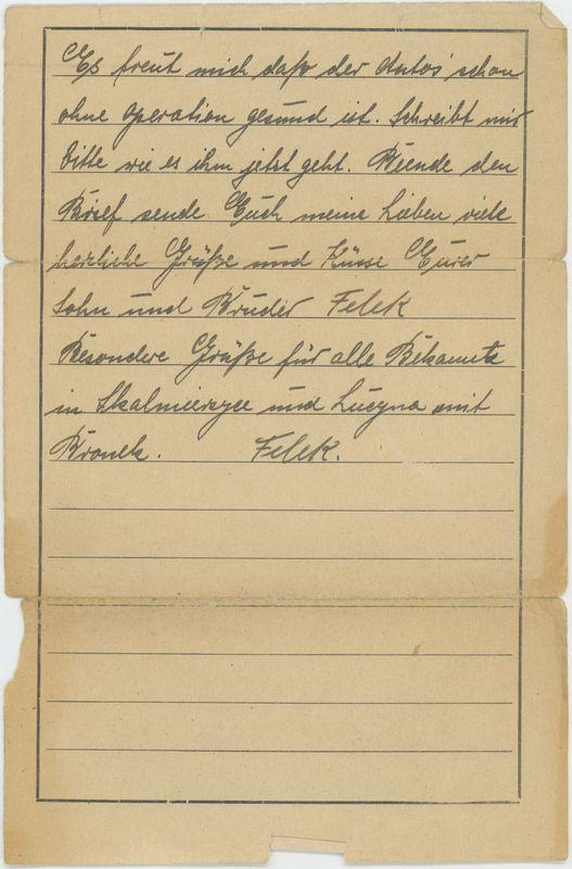List z obozu koncentracyjnego Dachau przesłany przez więźnia Feliksa Solarskiego do Walentego Solarskiego 