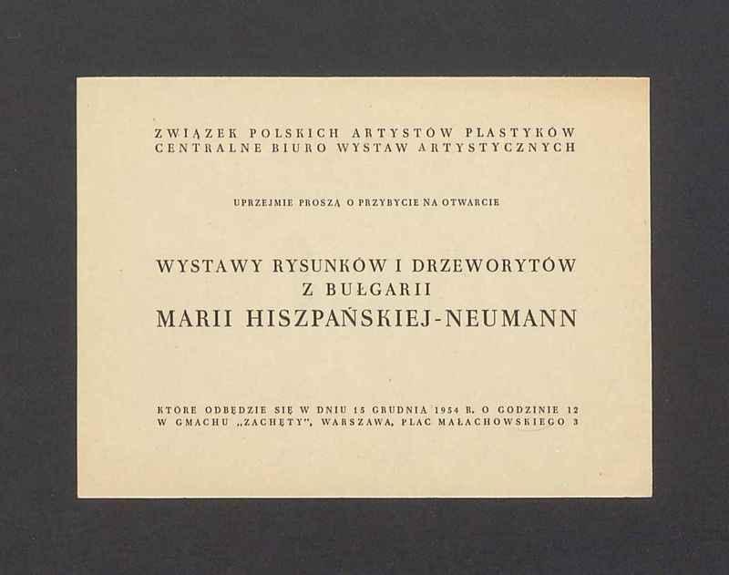Zaproszenie na otwarcie wystawy rysunków i drzeworytów z Bułgarii Marii Hiszpańskiej-Neumann
