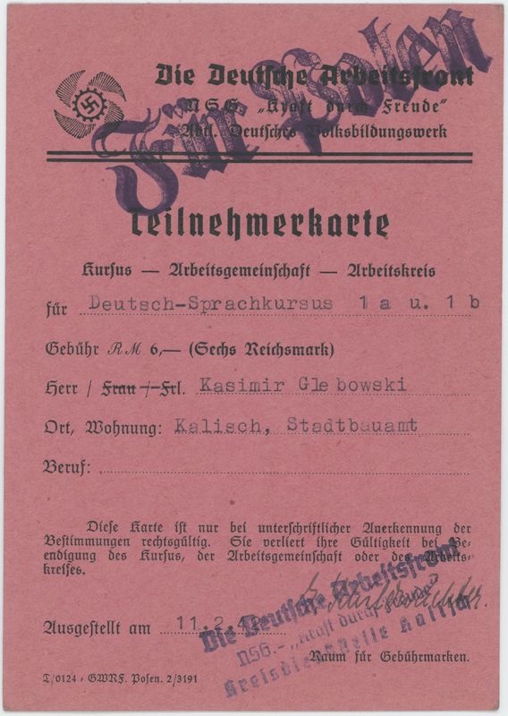 Karta uczestnictwa Kazimierza Głębowskiego w kursie języka niemieckiego 