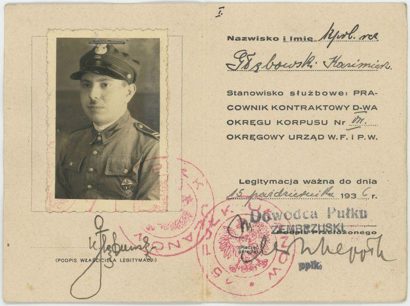 Legitymacja służbowa wystawiona przez komendę Rejonu P.W. Konnego przy 15 Pułku Ułanów na nazwisko Kazimierza Głębowskiego  