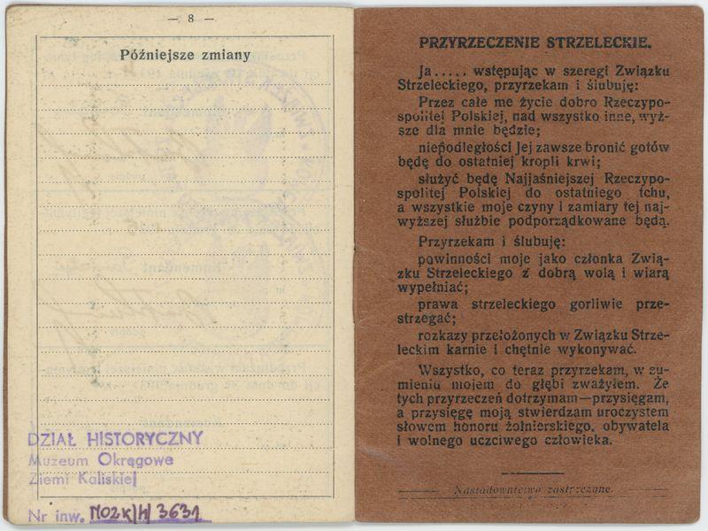 Legitymacja Związku Strzeleckiego Komendy Powiatu Kalisz wystawiona na nazwisko Kazimierza Głębowskiego 