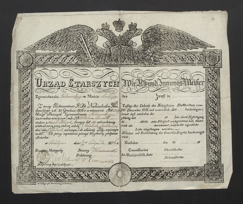 Świadectwo wyzwolenia na czeladnika Cechu Bednarskiego w Sieradzu