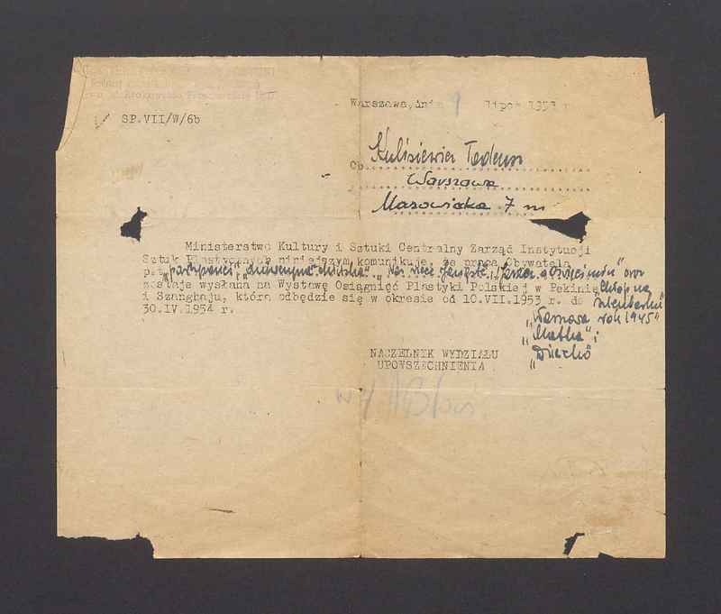 Informacja o wysłaniu prac T. Kulisiewicza na Wystawę Osiągnięć Plastyki Polskiej w Pekinie i Szanghaju