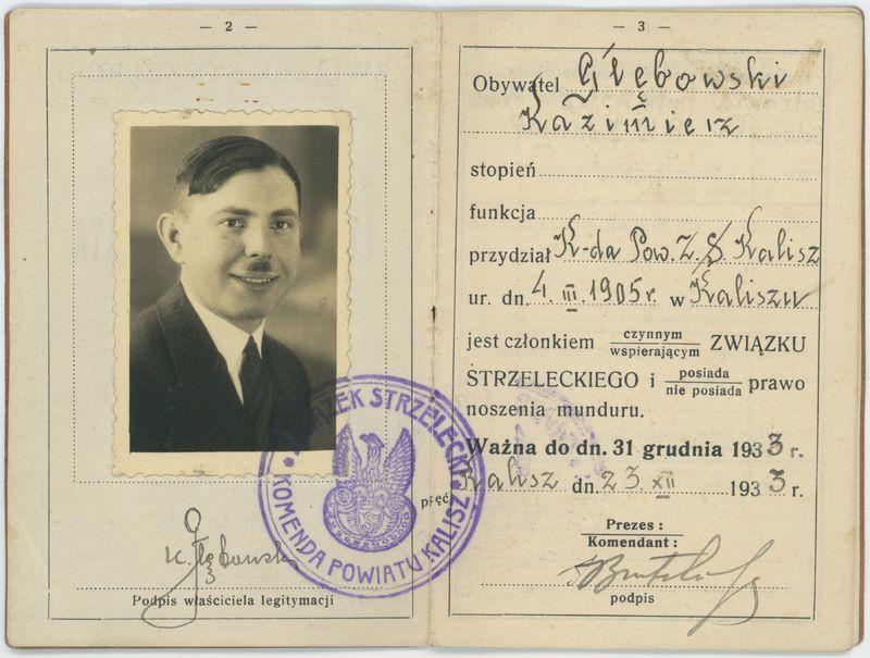 Legitymacja Związku Strzeleckiego Komendy Powiatu Kalisz wystawiona na nazwisko Kazimierza Głębowskiego 