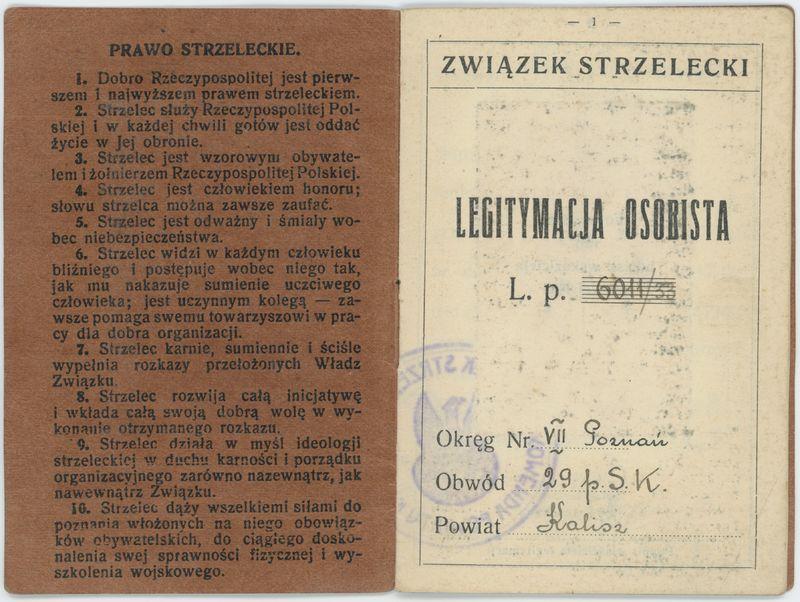 Legitymacja Związku Strzeleckiego Komendy Powiatu Kalisz wystawiona na nazwisko Kazimierza Głębowskiego 
