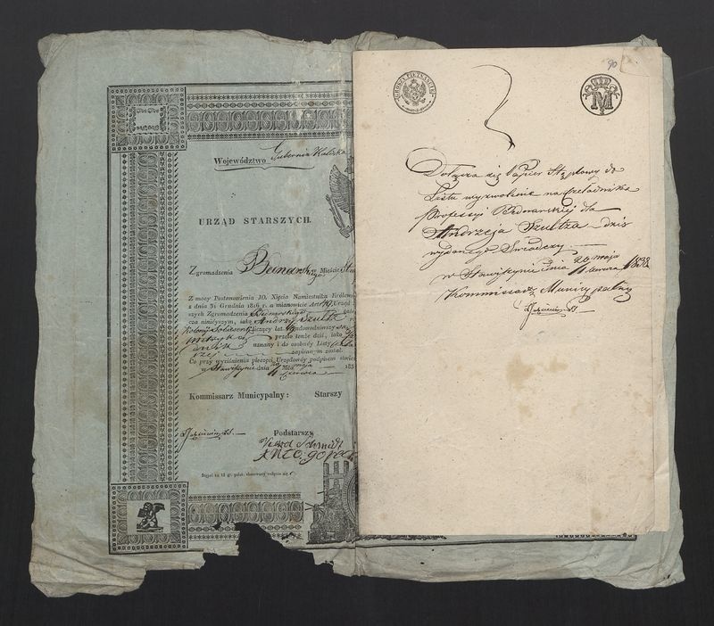 Świadectwo wyzwolenia na czeladnika Cechu Bednarskiego w Stawiszynie z trwale załączonym potwierdzeniem przyjęcia opłaty skarbowej 