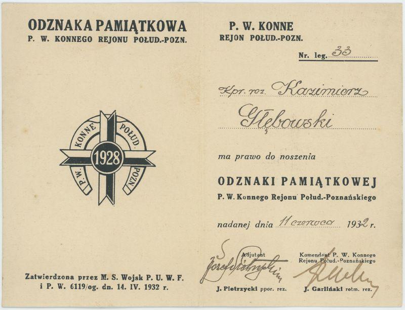 Odznaka Pamiątkowa P.W.  Konnego Rejonu Połud.- Pozn. nadana Kazimierzowi Głębowskiemu 