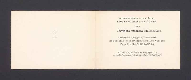 Zaproszenie na przyjęcie na cześć prezydenta Republiki Włoskiej