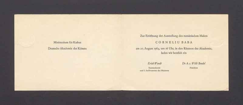 Einladung zur Eroffnung der Ausstelung des rumanischen Malers Corneliu Baba