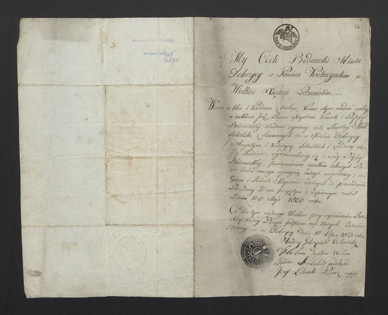 Protokół przyjęcia w grono majstrów Cechu Bednarskiego w Dobrzycy