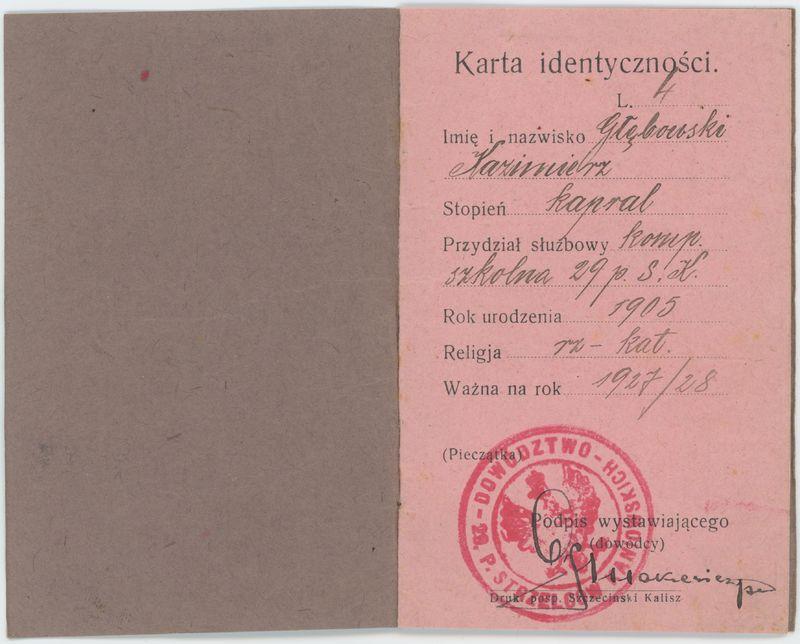 Legitymacja, Karta identyczności wystawiona przez Dowództwo 29 Pułku Strzelców Kaniowskich dla Kazimierza Głębowskiego