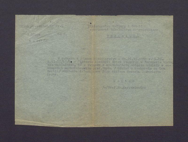 Akademia Sztuk Pięknych: zawiadomienie do Ministerstwa Kultury i Sztuki o delegowaniu na miejsce prof. Wnuka doc. E. Arcta