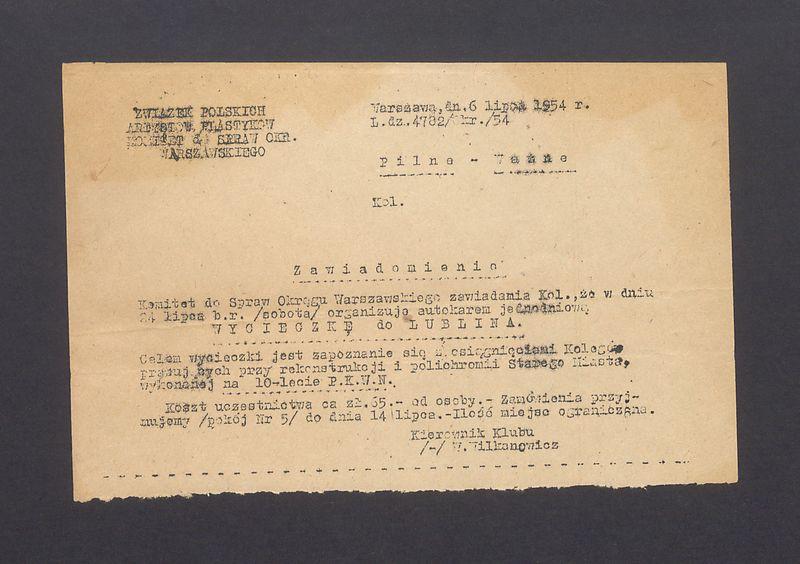 Zawiadomienie o wycieczce do Lublina