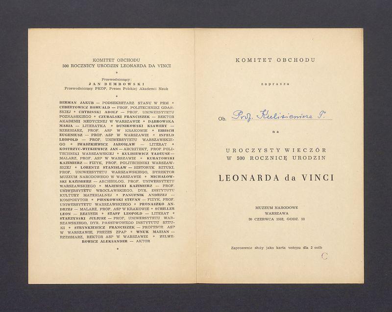 Program Akademii ku czci Leonarda da Vinci; zaproszenie na uroczysty wieczór w 500 rocznicę urodzin Leonarda da Vinci