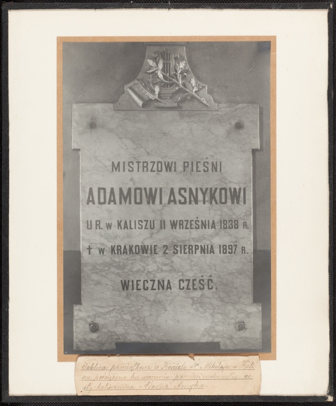 Tablica pamiątkowa poświęcona Adamowi Asnykowi z kościoła św. Mikołaja 