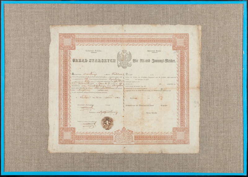 Dyplom cechowy wydany w Kaliszu dla Wilhelma Malczewskiego 