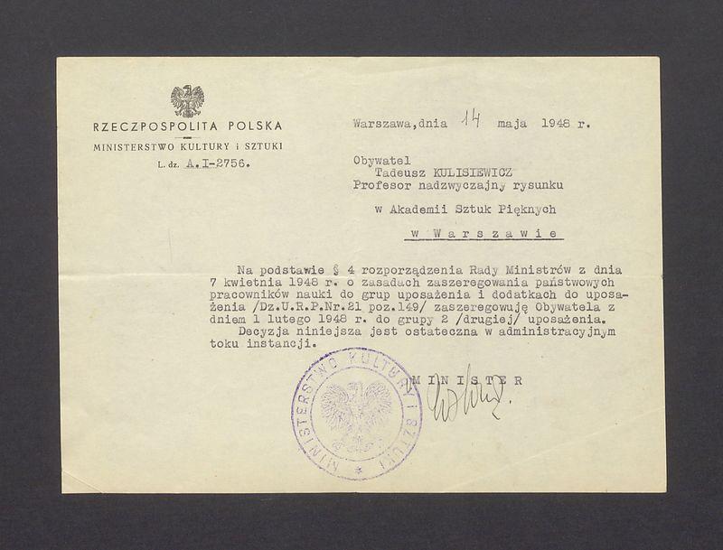 Ministerstwo Kultury i Sztuki: zaszeregowanie - uposażenie