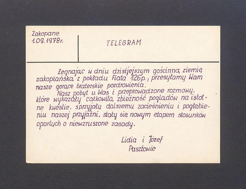 Telegram. Żegnając w dniu dzisiejszym gościnną ziemię zakopiańską [...]