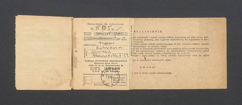 Książeczka opłat z tytułu najmu lokalu w Warszawie, na ulicy Mazowieckiej 7 m.12, część I