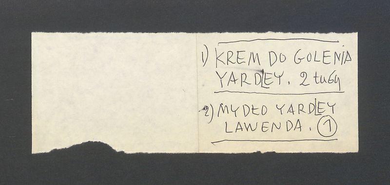 Karteczka z listą zakupów (krem do golenia i mydło lawenda)