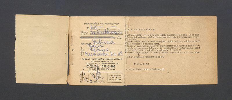 Książeczka opłat z tytułu najmu lokalu w Warszawie, na ulicy Mazowieckiej 7 m.12, część I