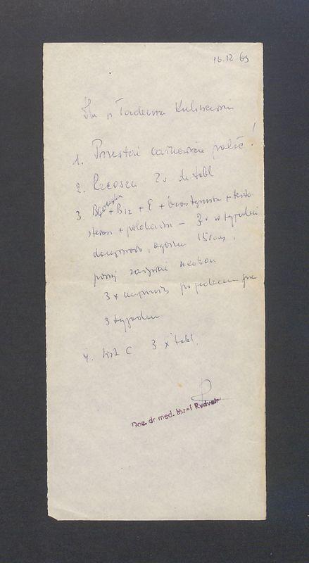 Zalecenia lekarskie zapisane na  karteczce przez doc. dr  med. Józefa Rydygiera dla T. Kulisiewicza